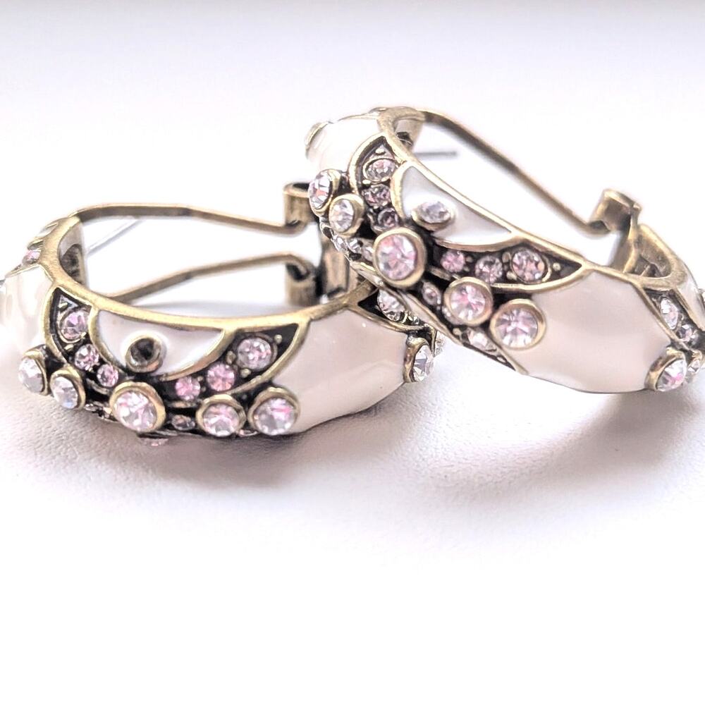 Heidi Daus Clear Crystal Rhinestone White Enamel Gold Tone Hoop Earrings